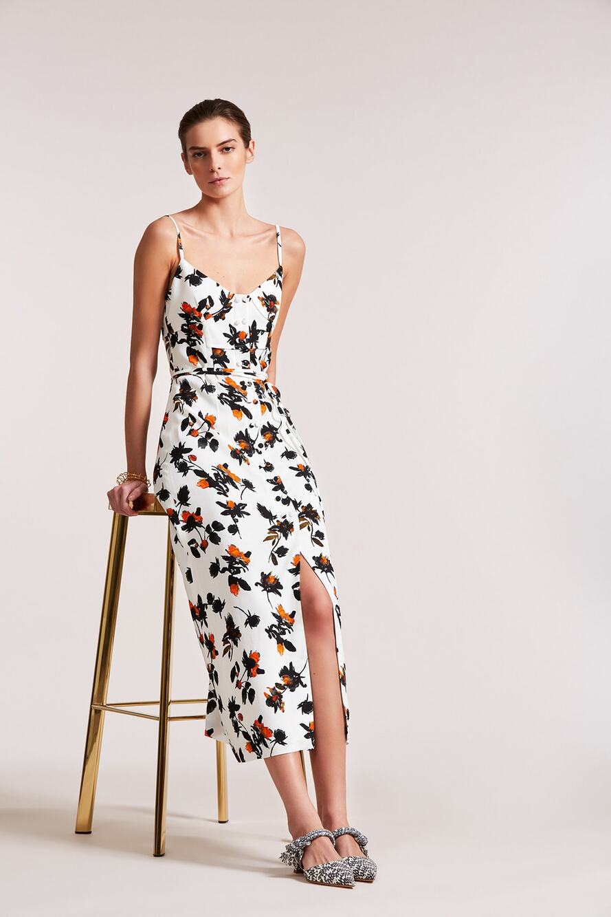 DEREK LAM White Floral Print Camisole Button Front Waist Tie Midi Dress Size 12